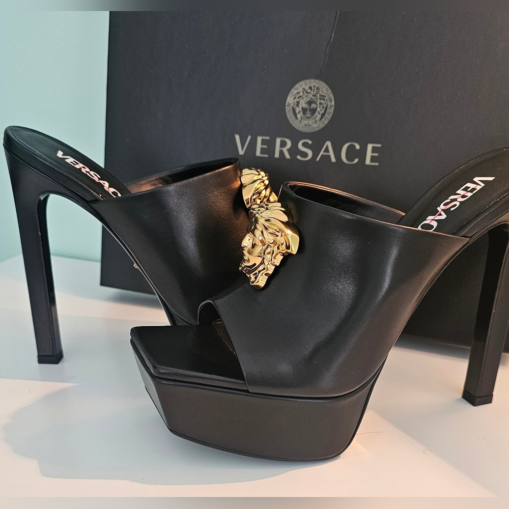 Versace La Medusa Gold 140MM Leather Platform Mules/Sandal Black Size 38/5 - Picture 10 of 16